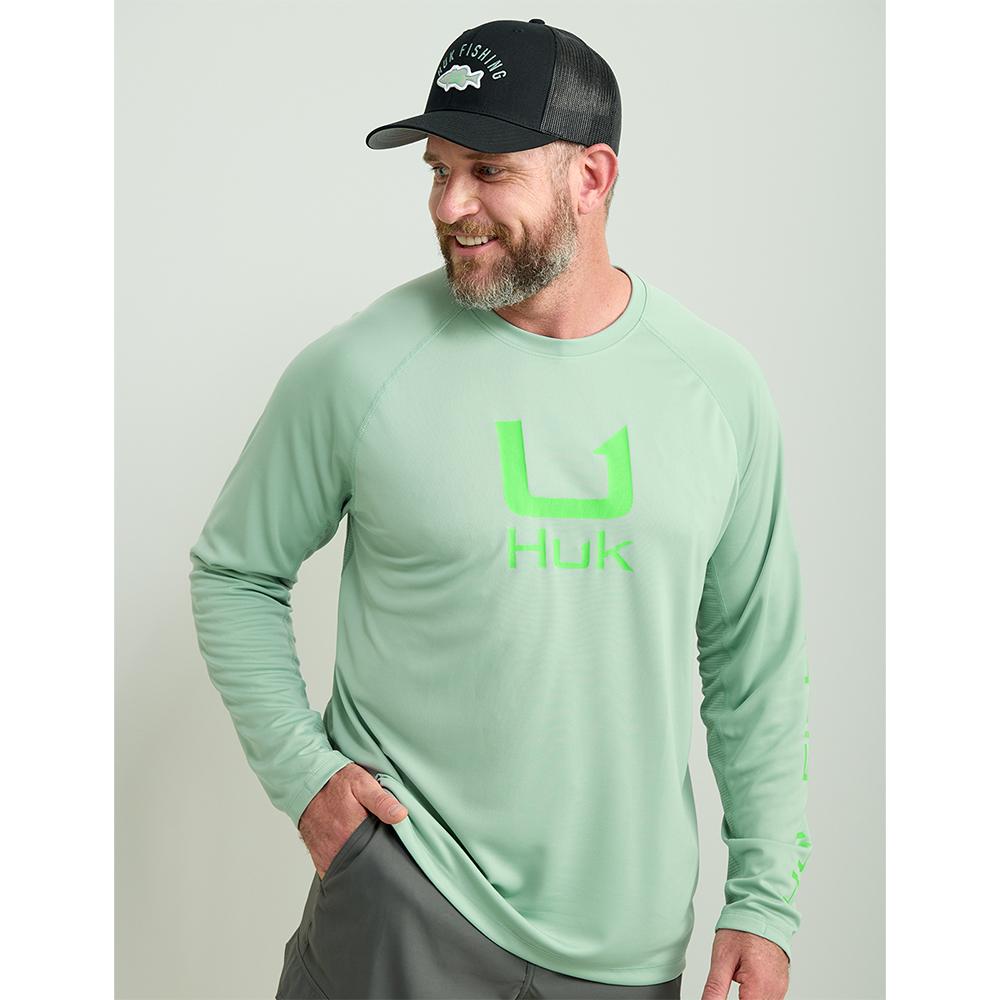 Huk H1200573-315-L Icon Crew Long Sleeve Shirt Fog Green L 50+ UPF