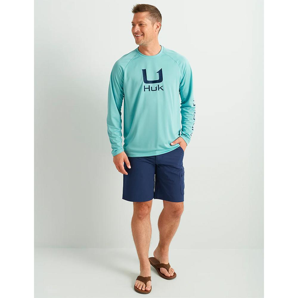 Huk H1200573-372-L Icon Crew Long Sleeve Shirt Marine Blue L, 50+ UPF