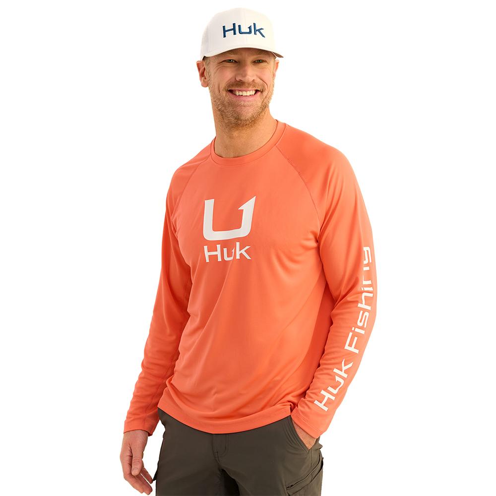 Huk H1200573-821-S Icon Crew Long Sleeve Shirt Fresh Salmon S, 50+ UPF