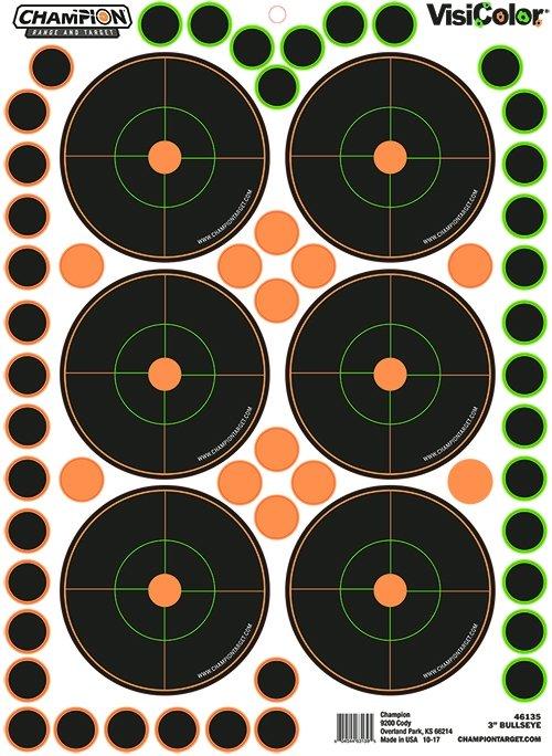 Champion Targets VisiColor 3" Bullseye Self-Adhesive Shooting Range Targets, Orange/Black, 8.5"x11.5", 5-Pack, Model 46135