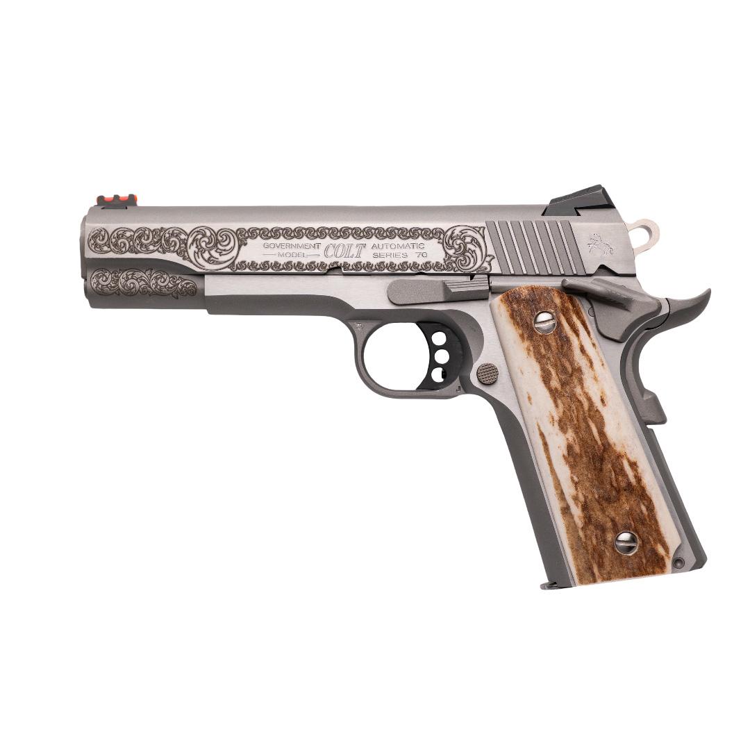 Colt Government Custom Engraved Competition Handgun .45 Auto 7rd Magazine 5 Barrel Stainless Finish Fiber Sight Stag Grips
