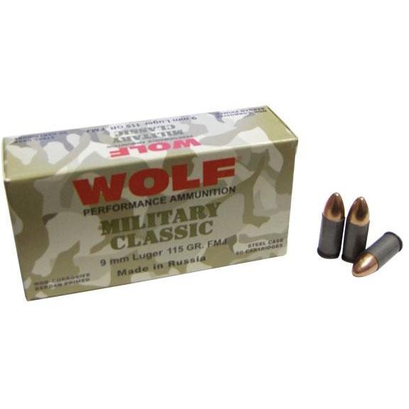 Wolf Miltary Classic Handgun Ammunition 9mm Luger 115 gr FMJ 1150 fps 50/ct-img-1