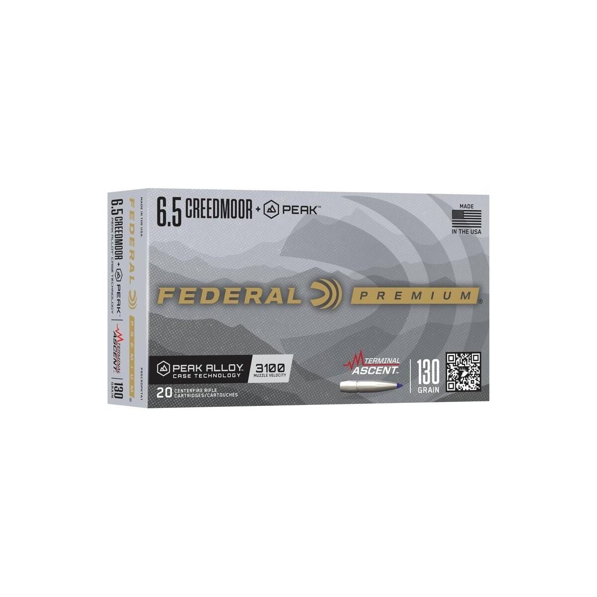 Federal Terminal Ascent Rifle Ammunition 6.5 Creedmoor +Peak 130GR PT 3100 FPS 20/Ct