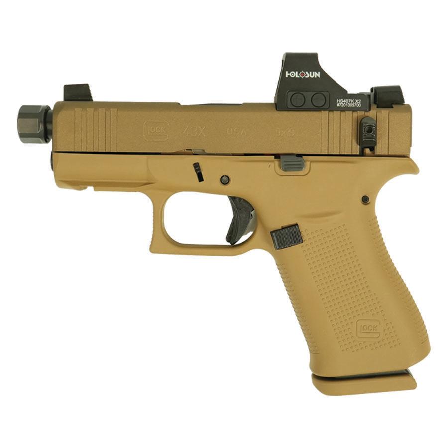 Glock 43X Custom "Shark Puppy" FDE Handgun 9mm Luger 10rd Magazines (1) 3.9" Threaded Black Barrel Holosun 407K