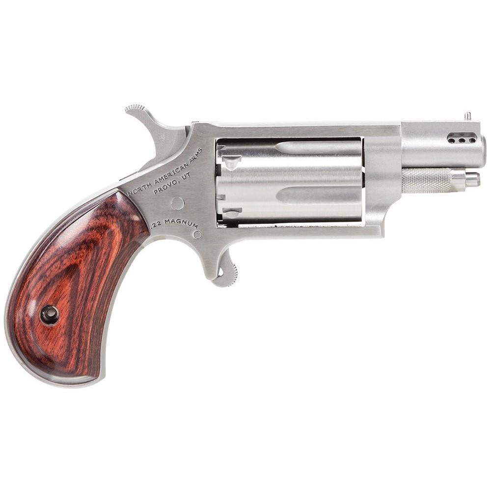 North American Arms NAA 22MS Ported Handgun .22 Mag 5rd Capacity 1.125" Barrel Silver with Wood Grips .22 WMR
