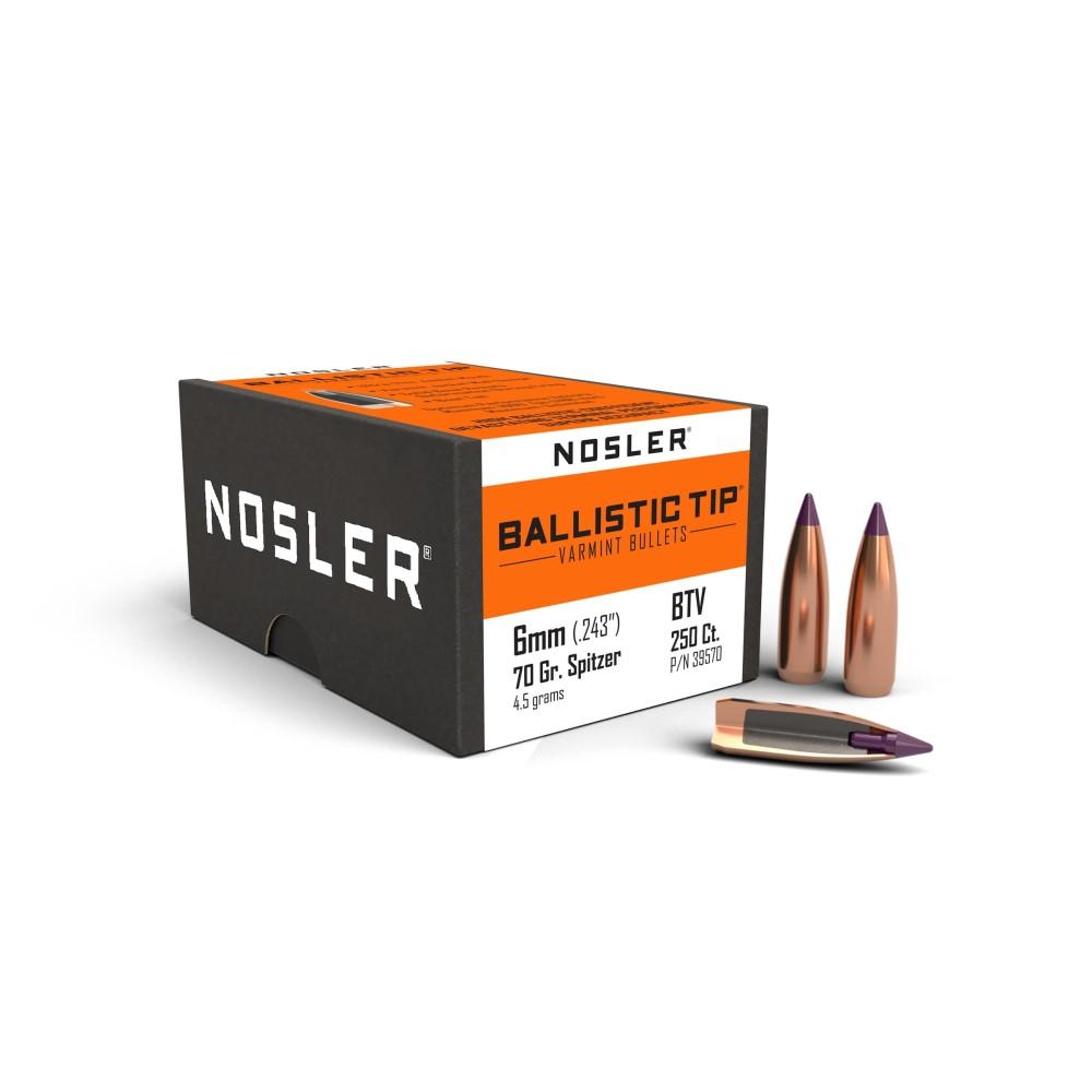 Nosler 6mm 70gr Ballistic Tip Varmint Bullets, Spitzer Boat Tail Design, 250 Count, USA Origin