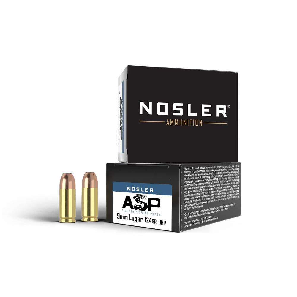Nosler ASP Handgun Ammo 9mm Luger 124 gr JHP 1150 fps 20/ct