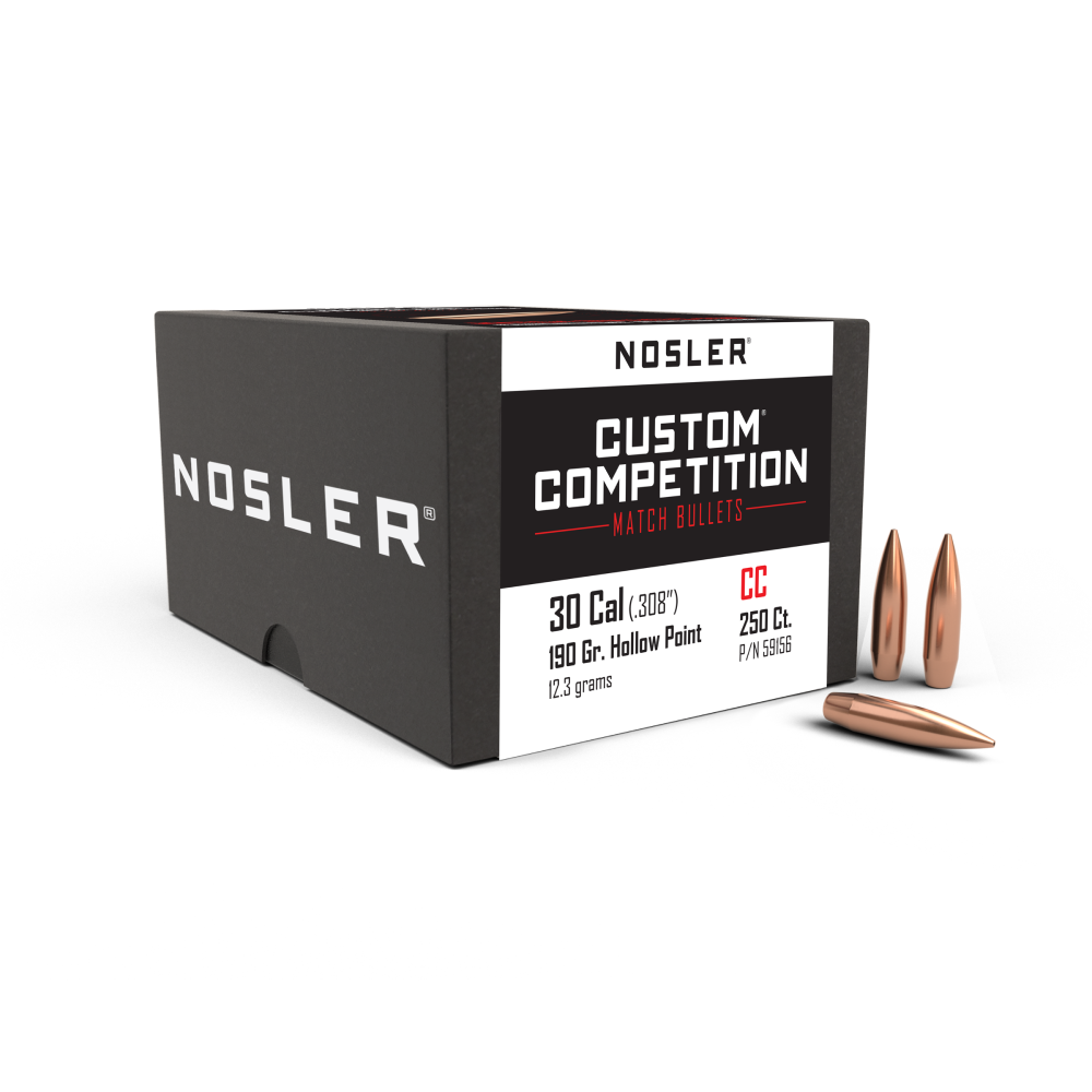 Nosler .30 Caliber 190gr HPBT Custom Competition Rifle Bullets, Aerodynamic Hollow Point, 250 Count