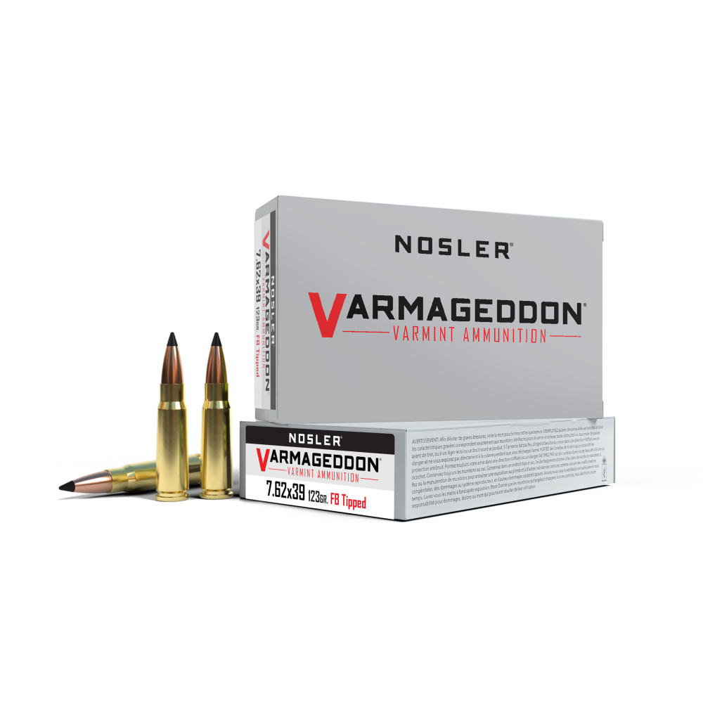 Nosler Varmageddon 7.62x39 123gr VG FBT 20rd - Brass, High-Precision Varmint Shooting Ammo