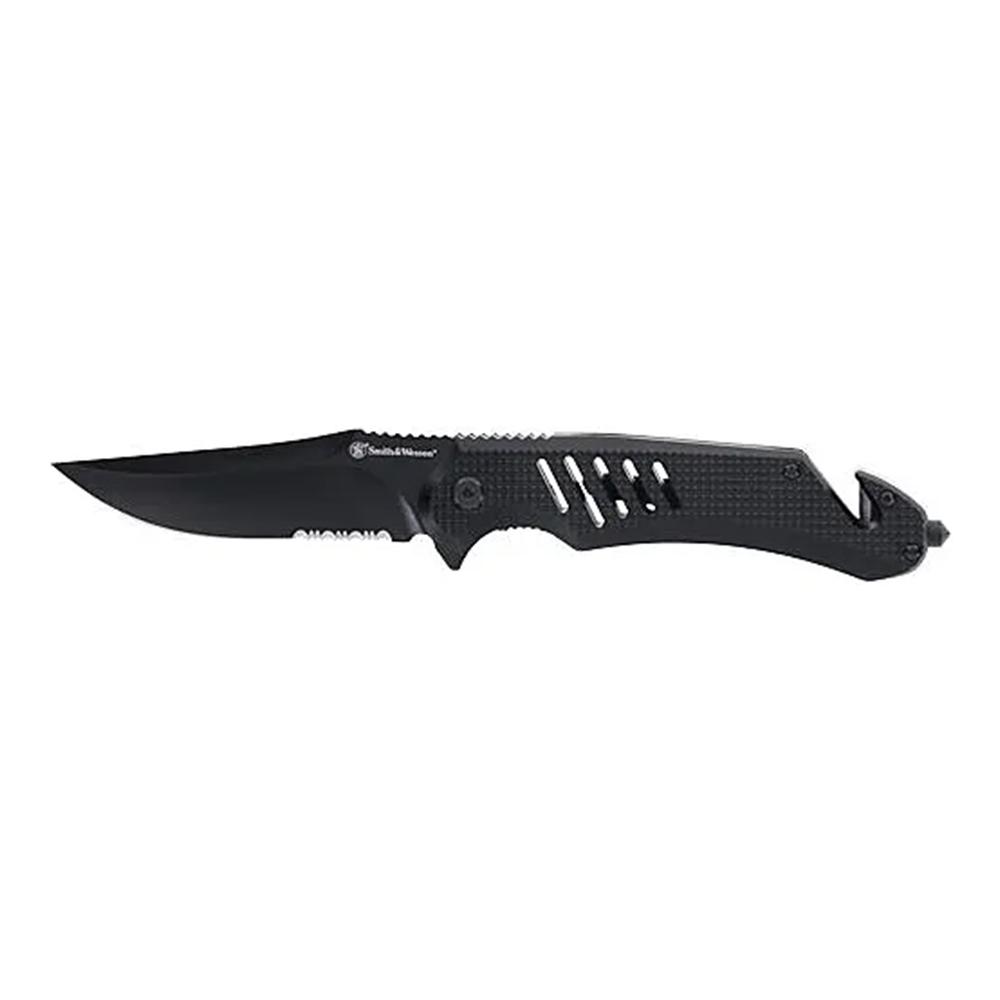 Smith & Wesson Extreme Ops Folding Knife 3-1/2 Clip Point Blade Black with Glass Breaker and Strap Cutter