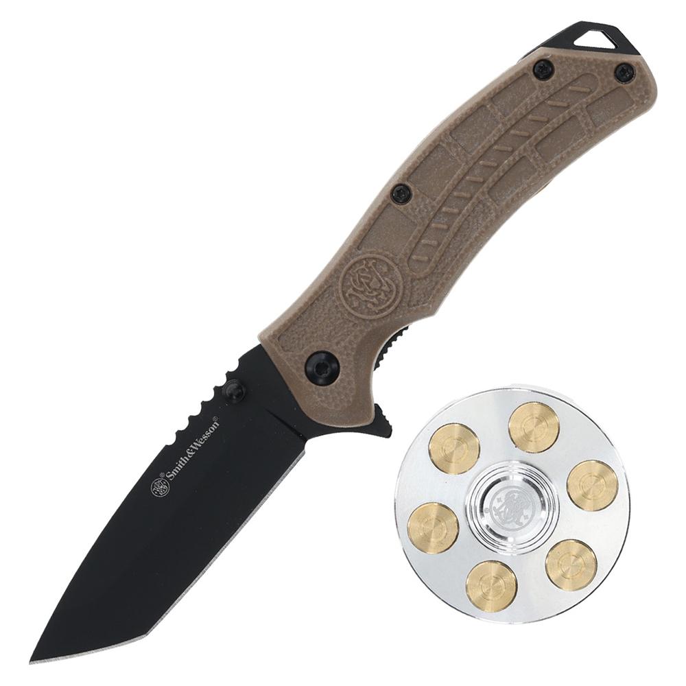 Smith & Wesson Folding Knife and Fidget Spinner Combo 3 Tanto Blade Black Brown - Battenfeld Technologies for sale at TheGunDock