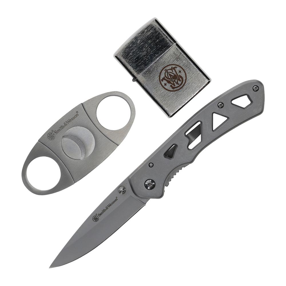 Smith & Wesson Folding Knife Cigar Cutter and Lighter Combo 3 Drop Point Blade Silver - Battenfeld Technologies