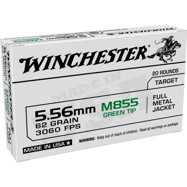 Winchester USA Lake City M855 Green Tip Rifle Ammunition 5.56X45 NATO 62 gr. FMJ 3060 fps 20/ct