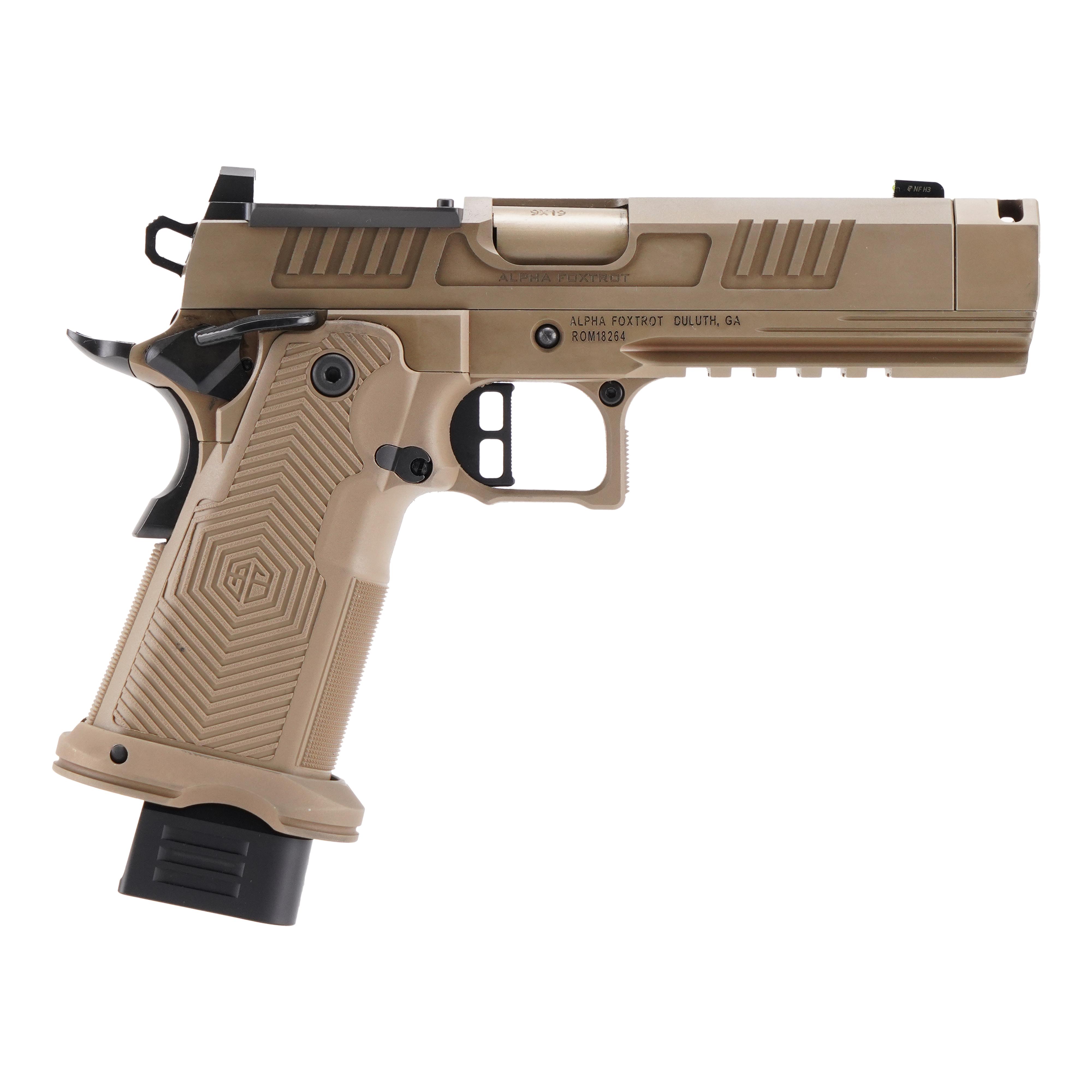 Alpha Foxtrot AF1911-Romulus Handgun 9MM Luger 17RD (1) and 20RD (1) Magazines 4.25" Compensated Threaded Barrel FDE MOS Cut