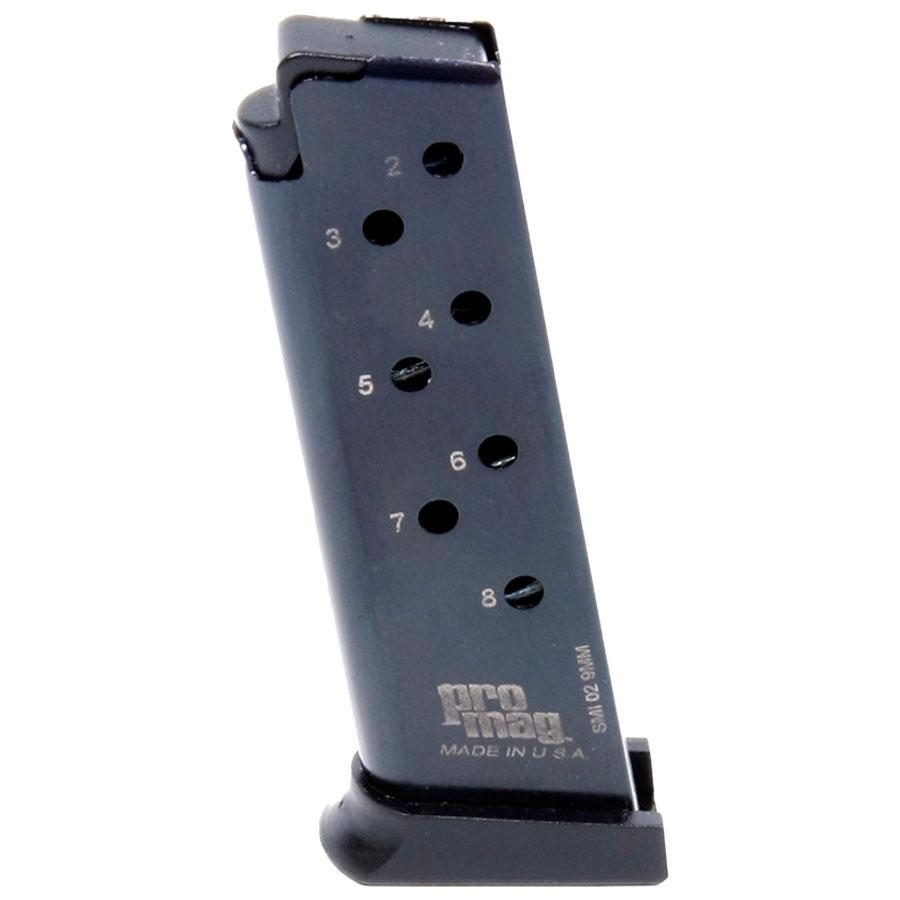 ProMag SMI02 9mm 8-Round Magazine: Blued Steel, Black Oxide Finish, Smith & Wesson 908/3913/3914/3953 Series, USA Made